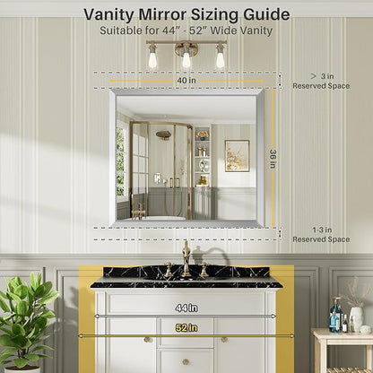 40x36 Inch Brushed Silver Bathroom Mirror for Wall, Thick Metal Framed Rectangle Mirrors for Over Sink, Bedroom, Living Room, Entryway, Anti-Rust, HD Tempered Glass