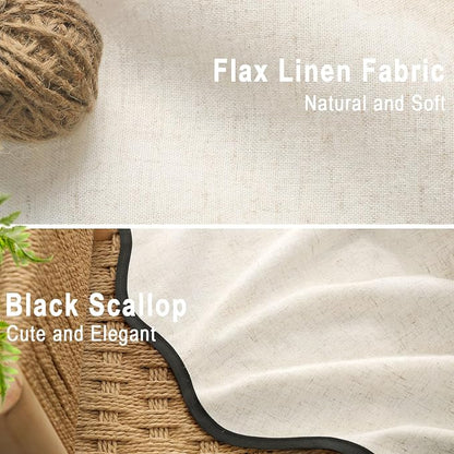 Scalloped Shower Curtain Linen Boho Flax White 72" W x 72" L | Linen Fabric, Black Border, Washable, Heavy Duty Cloth, Shower Curtain for Boho Farmhouse Bathroom Bathtub