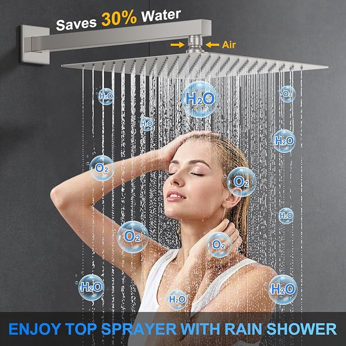 Woindo Shower Faucet Set, 12" Wall Mount Rainfall Shower System with 2 Rain Shower Head and Multi-function Handheld Head Push Button Diverter Shower Faucet Trim Kit