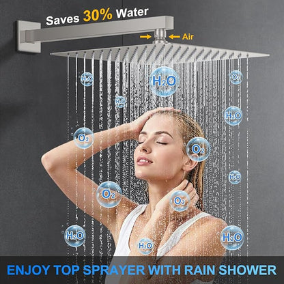 Woindo Shower Faucet Set, 12" Wall Mount Rainfall Shower System with 2 Rain Shower Head and Multi-function Handheld Head Push Button Diverter Shower Faucet Trim Kit