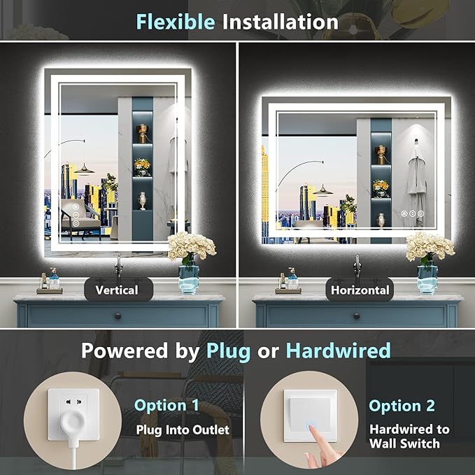 24x32 LED Bathroom Mirror with Lights, Backlit and Front Lit Anti-Fog Lighted Vanity Mirrors for Bathroom Wall, Dimmable, 3-Color Light, Memory, Shatter-Proof, HD Tempered Glass, CRI＞90