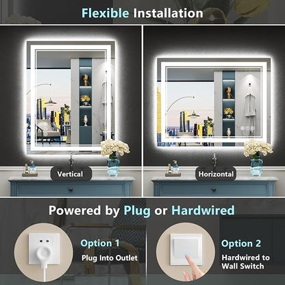 30x36 LED Bathroom Mirror, Backlit & Front Lit Lighted Mirror | Anti-Fog Vanity Mirror with Lights, 3 Color Dimmable, Memory, HD Tempered Glass, CRI95, IP54, UL Listed, Horizontal/Vertical