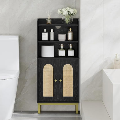 Hzuaneri Bathroom Storage Cabinet, Small Floor Cabinet with 2 Door | Toilet Paper Cabinets, Bathroom Organizer with Adjustable Shelf, for Small Spaces,Rattan Black,Arch Door,7.1" Dx14.6 Wx32.7 H