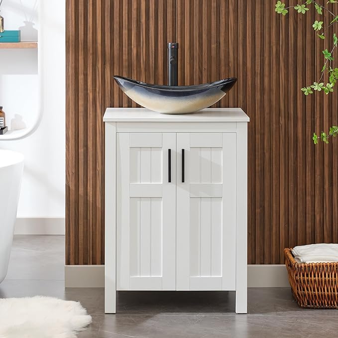 UEV White 24" Bathroom Vanity with Sink,Modern Freestanding Sink Cabinet,Stylish Bathroom Vanity Cabinet,Grooved Double Doors,Metal Handles,Modern Champagne Boat Tempered Glass Vessel Sink(029CH)