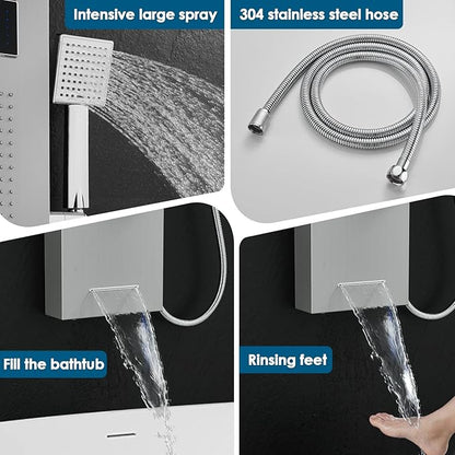 ROVOGO No Battery Needed Shower Panel System with Led Lights MIST & RAIN Shower, Body Jets, Handheld, Tub Spout and Temp Display, Hydroelectric Led Shower Tower Column Stainless Steel Brushed
