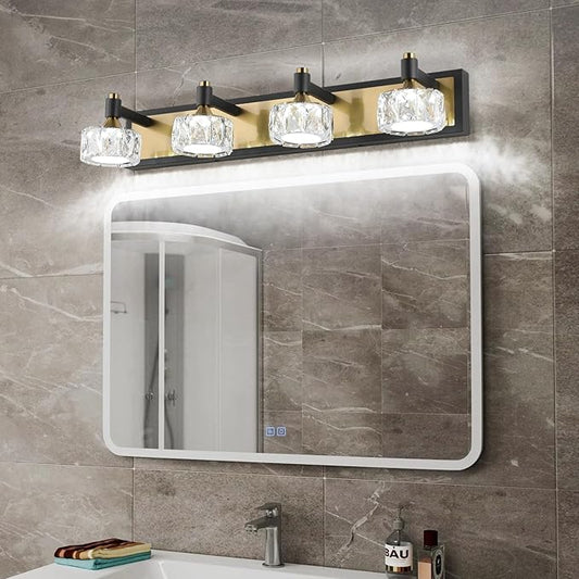 4 Light Bathroom Vanity Light, Dimmable Crystal Modern Bathroom Light Fixtures Over Mirror, Gold and Black Modern Vanity Light, Elegant Water Ripple Wall Sconce Lights