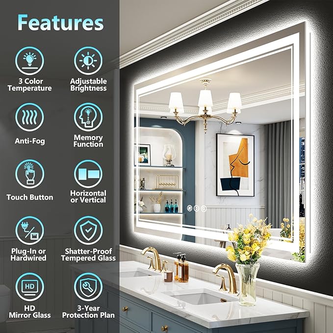 55x36 LED Bathroom Mirror with Lights, Backlit and Front Lit Anti-Fog Lighted Vanity Mirrors for Bathroom Wall, Dimmable, 3-Color Light, Memory, Shatter-Proof, HD Tempered Glass, CRI＞90