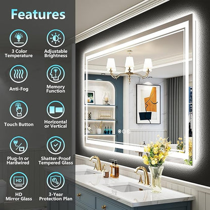 55x36 LED Bathroom Mirror with Lights, Backlit and Front Lit Anti-Fog Lighted Vanity Mirrors for Bathroom Wall, Dimmable, 3-Color Light, Memory, Shatter-Proof, HD Tempered Glass, CRI＞90