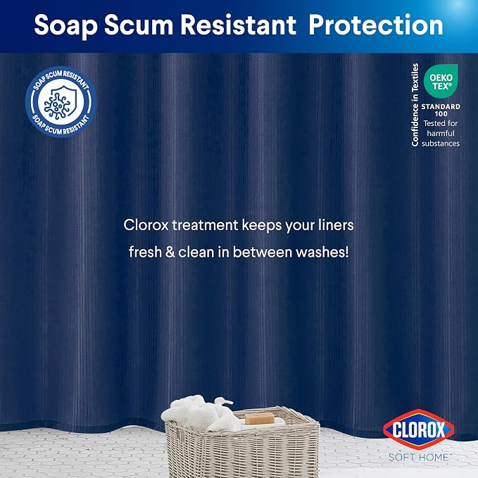Clorox 2-in-1 Bathroom Shower Curtain Liner, Durable Fabric, Weighted Magnets for Bath Water Control, Washable Premium Quality, Modern - 72" x 72" Blue