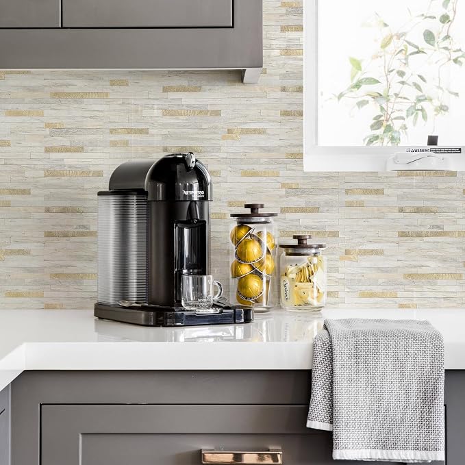 STICKGOO 2 Sheets Peel and Stick Backsplash Tile, Stick on Backsplash for Kitchen and Bathroom, Sunny Beige Look PVC Mixed Metal Gold Self Adhesive Wall Tiles