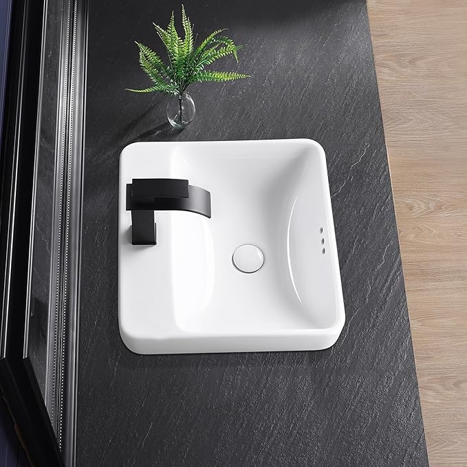 Vessel Sink 18"x18" Semi Recessed Bathroom Sink Drop-in White Bathroom Sink Porcelain Ceramic Modern Rectangular Sinks Drop-in Vanity Sinks with Overflow for Bathrooms