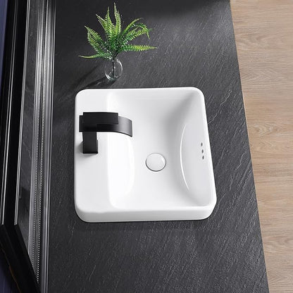 Vessel Sink 18"x18" Semi Recessed Bathroom Sink Drop-in White Bathroom Sink Porcelain Ceramic Modern Rectangular Sinks Drop-in Vanity Sinks with Overflow for Bathrooms