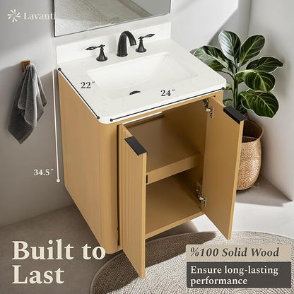 Lavanti Wooderna 24 Inch Bathroom Vanity with Sink – Stylish Firwood Oak Vanity Bathroom with Storage Cabinet – Modern Bathroom Vanities with Single Vanity Sink & Quartz Countertop