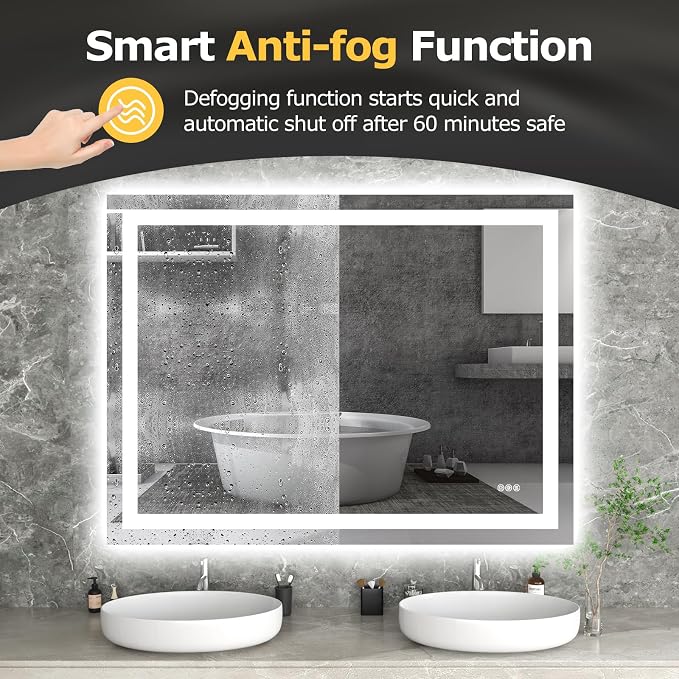 Hivone 48"X36" LED Bathroom Mirror with Lights, Anti-Fog, Dimmable, Backlit + Front Lit, Smart Bathroom Vanity Mirror, Memory Function, Shatterproof, Tempered Glass (Horizontal/Vertical)