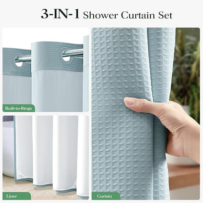 Fog Blue Hook Free Waffle Shower Curtain & Snap-in Liner,72x87 | Less Time to install, 3 in 1 Fabric Shower Curtain and Liner Set with Magnets, Extra Long, Shower Curtains for Bathroom
