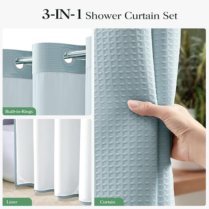 Fog Blue Hook Free Waffle Shower Curtain & Snap-in Liner,72x99 | Less Time to install, 3 in 1 Fabric Shower Curtain and Liner Set with Magnets, Extra Long, Shower Curtains for Bathroom
