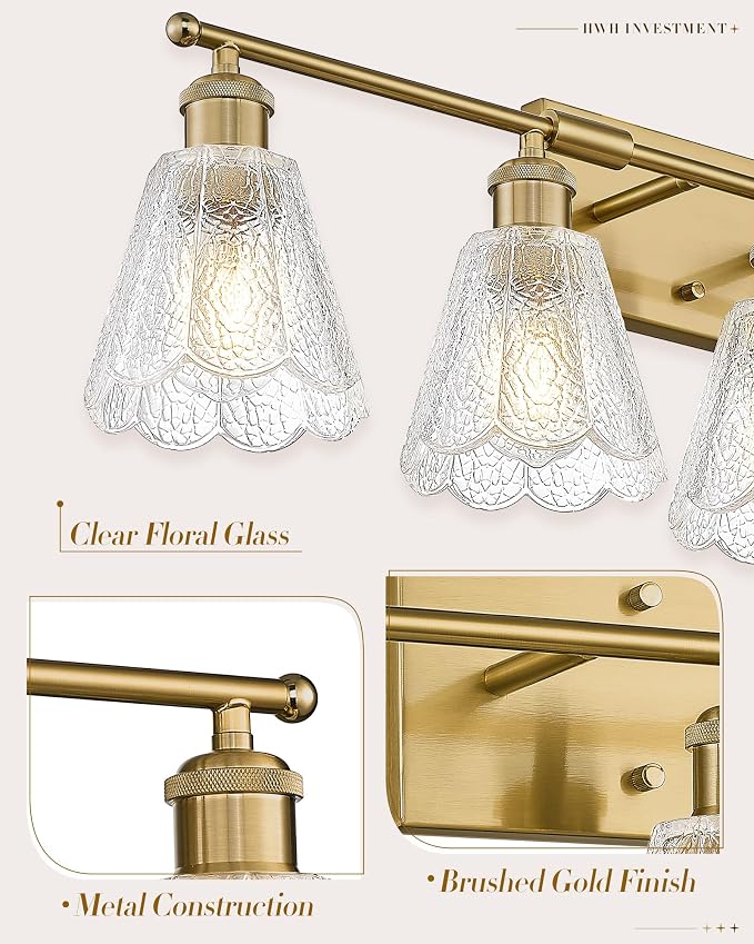HWH 5-Light Bathroom Vanity Light Fixtures, Brushed Brass Modern Wall Lights with Clear Floral Glass, Vintage Wall Sconce Lighting for Mirror, Bedroom, 5HJX110B-5W BG