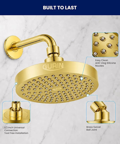 GURIN Shower Head - Luxury Gold Plated Finish - Rain Showerhead 6 Inch | High Pressure Shower Heads with Adjustable Angles, 90 Anti-Clog Nozzles, Tool-Free 1-Min Install