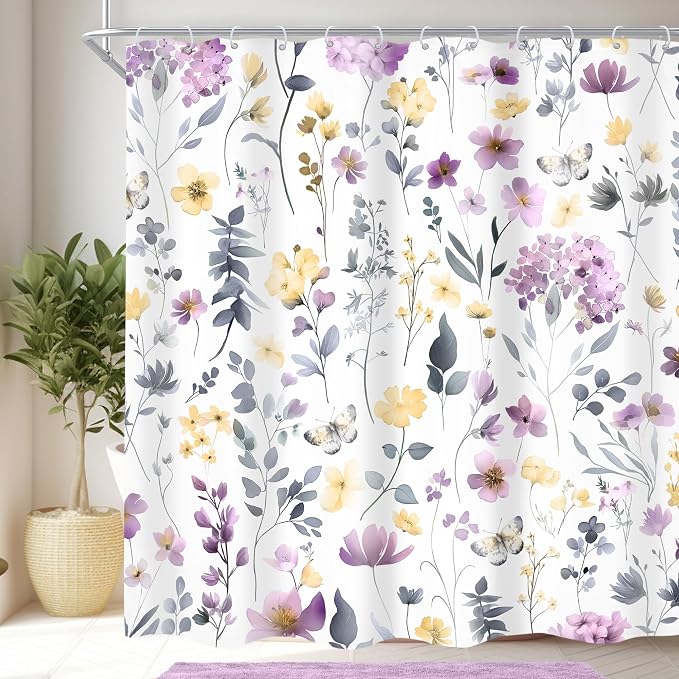 Purple Lilac Lavender Flower Floral Women Girls Bathroom Shower Curtain Set | 72"W x 72"H Girly Wildflower; waterproof HD print, quick-dry fabric and plastic hooks for easy setup.