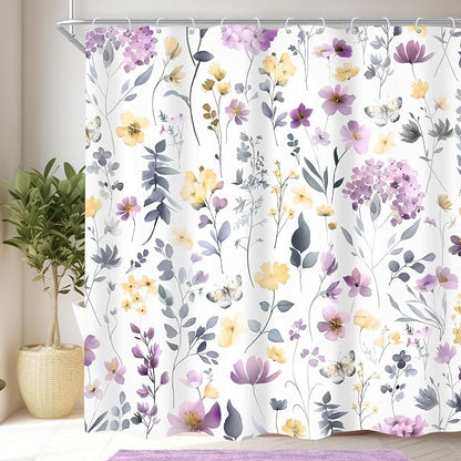 Purple Lilac Lavender Flower Floral Women Girls Bathroom Shower Curtain Set | 72"W x 72"H Girly Wildflower; waterproof HD print, quick-dry fabric and plastic hooks for easy setup.