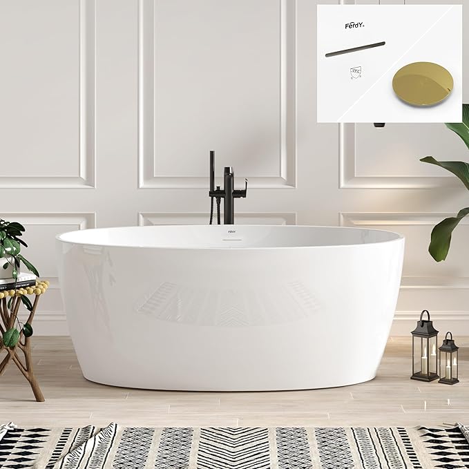 FerdY Tahiti 59" Acrylic Freestanding Bathtub, Elegant Oval Shape Bathtub, Glossy White, Polished Gold Drain & Integrated Slotted Overflow Assembly Included cUPC Certified, 02119
