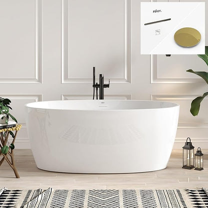 FerdY Tahiti 59" Acrylic Freestanding Bathtub, Elegant Oval Shape Bathtub, Glossy White, Polished Gold Drain & Integrated Slotted Overflow Assembly Included cUPC Certified, 02119