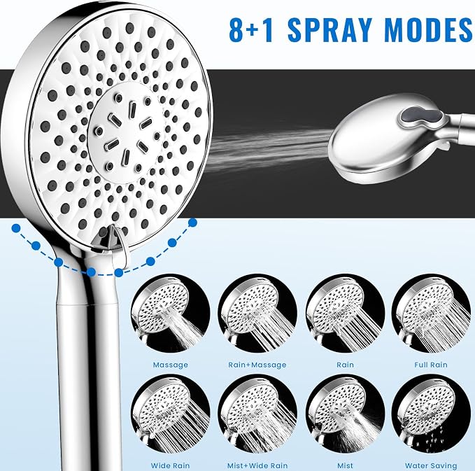 Filtered Shower Head with Handheld, High Pressure 9-Spray Modes Detachable Shower Head with Filter for Hard Water-Remove Chlorine & Impurities, Improve Skin & Hair Health, 2 Filters, Chrome