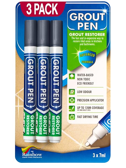 Grout Pen Dark Grey Tile Grout Paint Marker - Narrow 5mm Tip (7mL) - 3 Pack | Waterproof Grout Refresh Restorer for Kitchen & Bathroom, Colorant and Sealer Pens, Cleaner Looking Grout Lines - Dark Grey