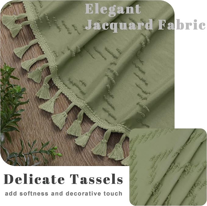 Extra Long Light Green Boho Shower Curtain, Chic Tufted Chevron Striped Textured Cloth Fabric Shower Curtains with Tassel for Bathroom, Soft Hotel Style Farmhouse, Machine Washable, 72x96