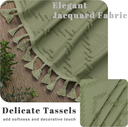Extra Long Light Green Boho Shower Curtain, Chic Tufted Chevron Striped Textured Cloth Fabric Shower Curtains with Tassel for Bathroom, Soft Hotel Style Farmhouse, Machine Washable, 72x96