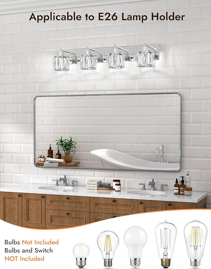 VOLISUN Crystal Vanity Lights - 4 Light Modern Stainless Steel Bathroom Light Over Mirror, Chrome Finish - UL Certificated (Exclude Bulb)