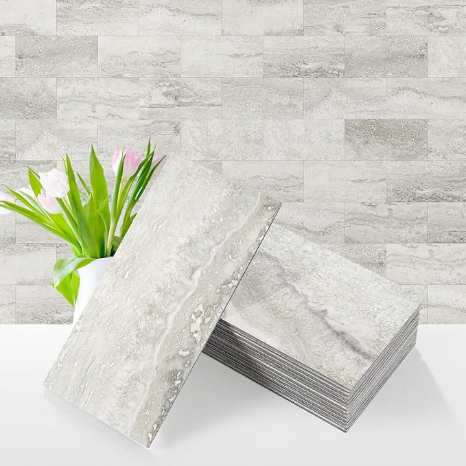 Vamos Tile 4-Piece Beige Mixed Grey Peel and Stick Backsplash Seamless Tile | 3''x6'' PVC Subway Tile,Matt Slate Stick on Backsplash for Kitchen/Bathroom/Fireplace/Laundry/Camper