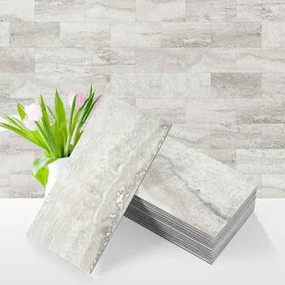 Vamos Tile 4-Piece Beige Mixed Grey Peel and Stick Backsplash Seamless Tile | 3''x6'' PVC Subway Tile,Matt Slate Stick on Backsplash for Kitchen/Bathroom/Fireplace/Laundry/Camper