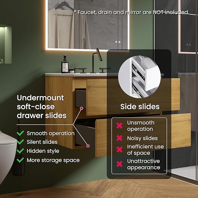30" Bathroom Vanity with Sink, Modern Floating Vanity with Double Soft Closing Drawers, Large Storage for Small Space, Natural Oak, Fully Assembled - Iris Collection