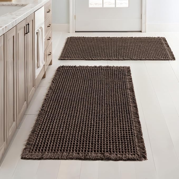 MIULEE Set of 2 Waffle Bathroom Rugs Boho Bath Mat Chocolate 24x36 Inch | Non Slip, Super Absorbent, Washable, Ultra Soft, Rubber Backed, Large Bath Rugs for Bathroom Floor Tub Shower