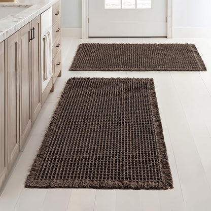 MIULEE Set of 2 Waffle Bathroom Rugs Boho Bath Mat Chocolate 18x30 Inch | Non Slip, Super Absorbent, Washable, Ultra Soft, Rubber Backed Bath Rugs for Bathroom Floor Tub Shower