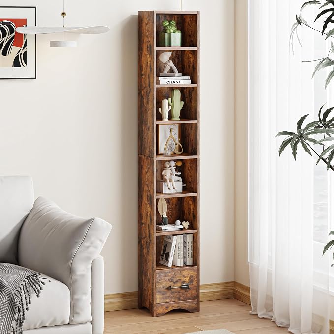 VECELO Tall Narrow Bookshelf with Drawer, 6 Adjustable Movable Shelves, Wood Space Saving Corner Storage Cabinet for Bathroom Bedroom, Retro Brown