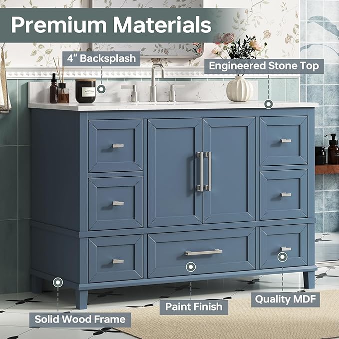 48 Inch Bathroom Vanity with Sink, Fully Assembled Bathroom Vanities with Soft Closing Doors & Dovetail Drawers, 48 Inch Vanity with Sink, Solid Wood, Engineered Stone Top, Steel Blue