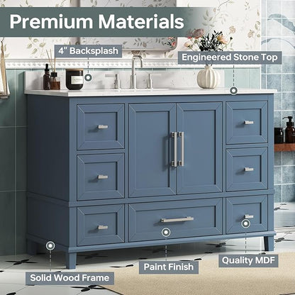 48 Inch Bathroom Vanity with Sink, Fully Assembled Bathroom Vanities with Soft Closing Doors & Dovetail Drawers, 48 Inch Vanity with Sink, Solid Wood, Engineered Stone Top, Steel Blue