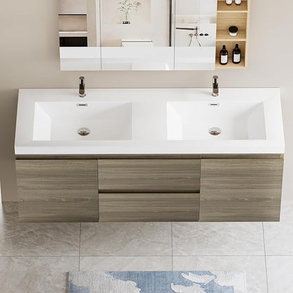 60 Inch Floating Bathroom Vanity with Double Sink, Modern Wall-Mounted Bathroom Vanity Storage Cabinet Organizer with Double Resin Top Basins and 4 Soft Close Drawers (Ash Grey)