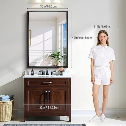 CIRCUMI 30"x42" Black Mirror with Chunky Box Metal Frame, Brushed Finish Rectangular Bathroom Mirrors for Over Sink, Living Room, Entryway, Tempered Glass Mirror for Wall, Vertical or Horizontal