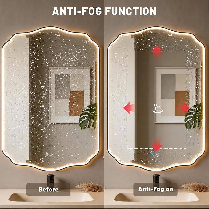 POZINO 36"x24" Scalloped LED Bathroom Mirror with Lights, Black Metal Frame | Beveled Edge, 3 Color Dimmable, Anti-Fog, Memory Function, IP65 Waterproof, Smart Bathroom Vanity Mirror with Front Lights