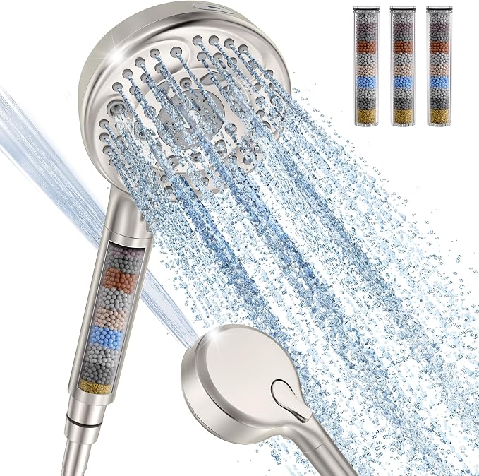 SunCleanse Filtered Shower Head with Handheld,9-Spray Setting Detachable Shower Head with 4 Filters for Hard Water - Filter Chlorine, Improve Skin and Hair Texture (4 Filters, Brushed Nickel)