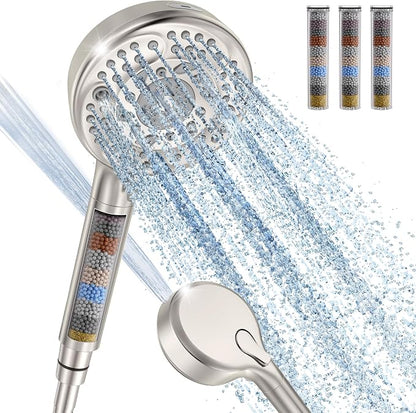 SunCleanse Filtered Shower Head with Handheld,9-Spray Setting Detachable Shower Head with 4 Filters for Hard Water - Filter Chlorine, Improve Skin and Hair Texture (4 Filters, Brushed Nickel)