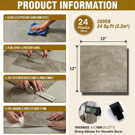 Peel and Stick Floor Tiles, 1.8mm Thick Waterproof Viny Beige-Brown Marble | Marble Look Tiles, Durable Water&Oil Resistant Tiles for Bathroom, Kitchen & Renter-Friendly DIY Home Upgrade