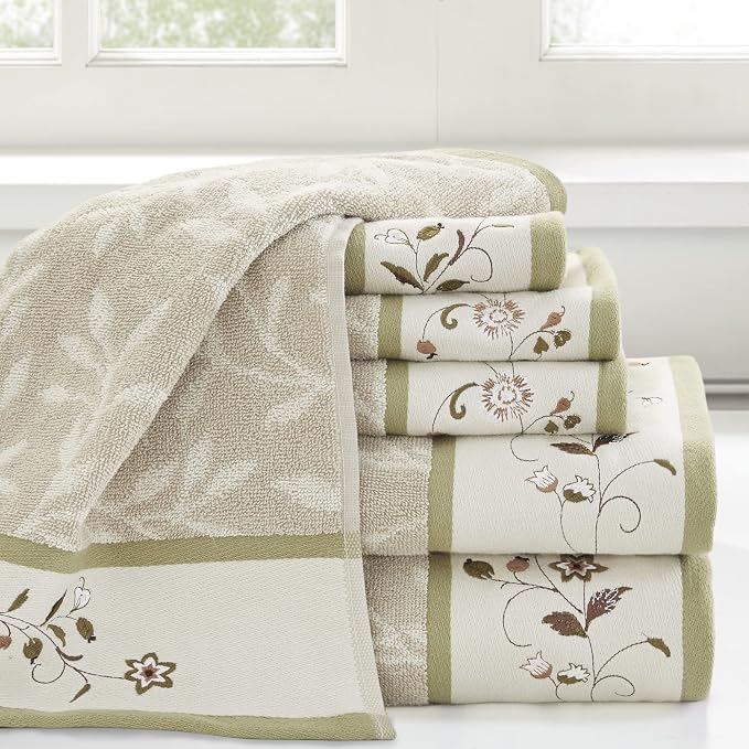 Madison Park Serene 100% Cotton Bath Towel Set Luxurious Floral Decorative Towels for Bathroom Embroidered Cotton Jacquard Design Soft Highly Absorbent for Shower 600 GSM, Multi-Sizes, Green 6 Piece | Luxurious Floral Decorative Towels for Bathroom, Em...