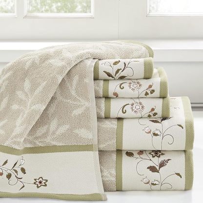 Madison Park Serene 100% Cotton Bath Towel Set Luxurious Floral Decorative Towels for Bathroom Embroidered Cotton Jacquard Design Soft Highly Absorbent for Shower 600 GSM, Multi-Sizes, Green 6 Piece | Luxurious Floral Decorative Towels for Bathroom, Em...