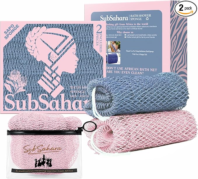 Authentic African Net Sponge,2 Pack 45-in Exfoliating Bath Sponge and Shower Loofah for Body and Back,Colorfast Quick-Dry Knotted Mesh Scrubber with Travel Pouch(Slate Blue&Bean Paste Pink)
