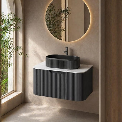 30 Inch Bathroom Vanity with Sink, Floating Wall Mounted Single Sink Vanity, Black Curved Fluted Front, Stone Top, Black Textured Oval Vessel Basin, Pre-Assembled
