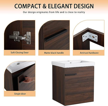 18" Bathroom Vanity with Sink, 18 Inch Floating Bathroom Vanity for Small Space, Modern Bathroom Vanity, Brown Wall Mounted Cabinet Set